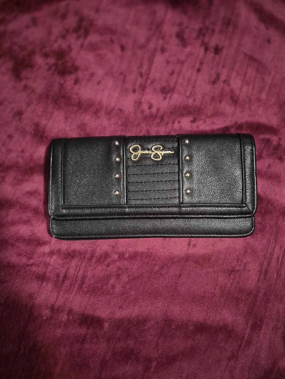 Jessica Simpson Black Foldover Wallet with Gold Logo and Stud Accents